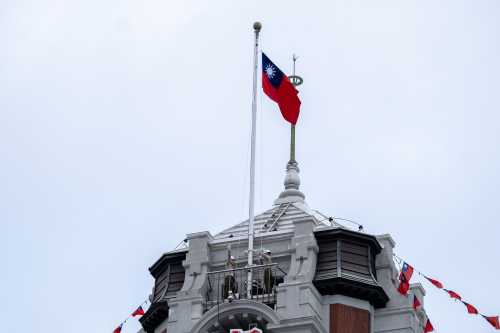 Taiwan s military police raising the national flag during the ceremony of Taiwan National Day at the Presidential Office in Taipei, Taiwan on October 10, 2020. (Photo by Walid Berrazeg/Sipa USA)No Use UK. No Use Germany.