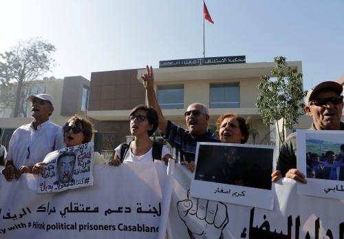 Relatives of the leaders of Morocco's Hirak protest movement shout slogan outside the Casablanca tribunal, Morocco September 12, 2017. REUTERS/Youssef Boudlal