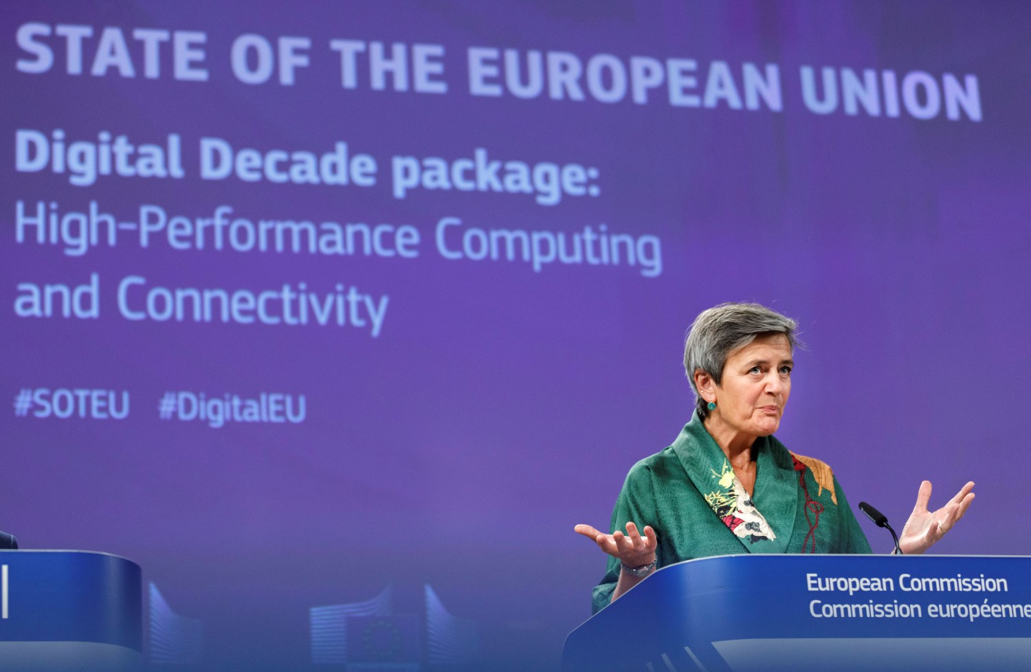 European Commission vice-president Margrethe Vestager speaks during a news conference on regulation on high performance computing.