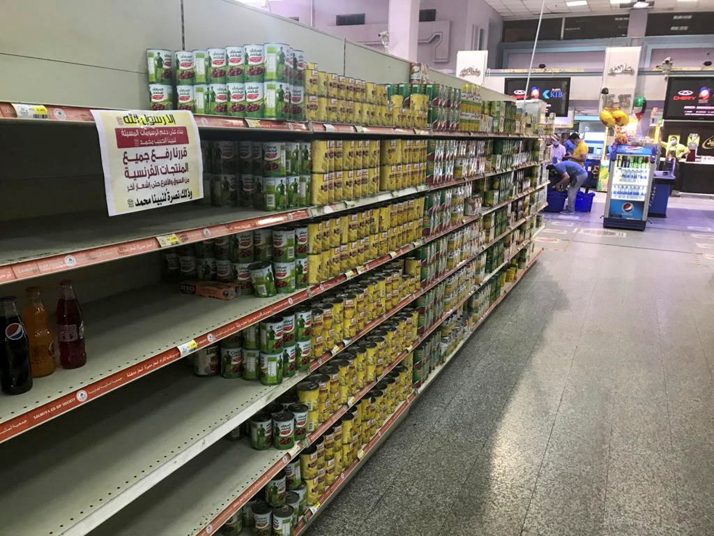 Empty shelves are seen where French products were displayed, after Kuwaiti supermarkets' boycott on French goods, in Kuwait City, Kuwait, October 25, 2020. REUTERS/Ahmed Hagagy