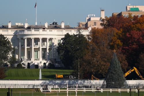 Construction crews work on the National Christmas Tree site, near the White House in Washington, U.S., November 10, 2020. REUTERS/Tom Brenner