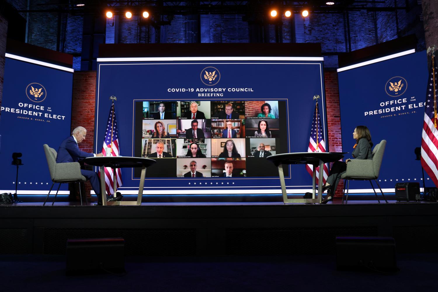 U.S. President-elect Joe Biden  and Vice President-elect Kamala Harris hold a virtual meeting with members of the coronavirus disease (COVID-19) Advisory Board" in Wilmington, Delaware, U.S., November 9, 2020. REUTERS/Jonathan Ernst
