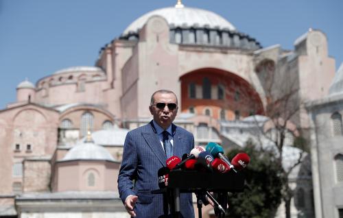 Turkish President Tayyip Erdogan talks to the media after attending Friday prayers at Hagia Sophia Grand Mosque in Istanbul, Turkey August 7, 2020. REUTERS/Murad Sezer