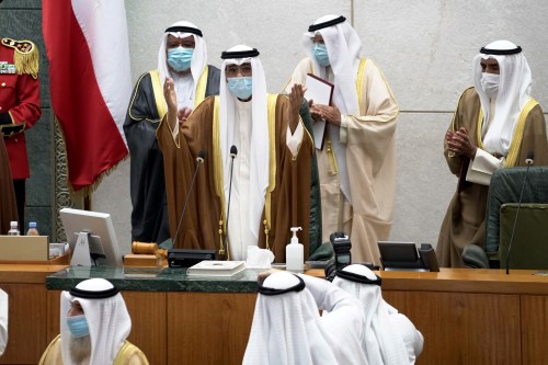 Kuwait's new Emir Nawaf al-Ahmad al-Sabah gestures as he takes the oath of office at the parliament, in Kuwait City, Kuwait September 30, 2020. REUTERS/Stephanie McGehee REFILE-CORRECTING FIRST NAME