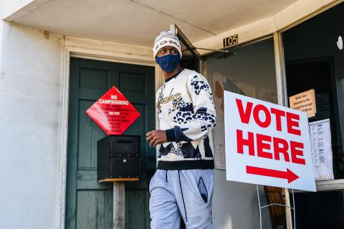 Jaquez Washington, 28, exits the only early-voting precinct in Swainsboro, Emanuel County, on the final day of early voting ahead of Election Day 2020, in Swainsboro, Georgia, U.S. October 30, 2020. Picture taken October 30, 2020.  REUTERS/Brandon Bell - RC2NZJ91L5JY