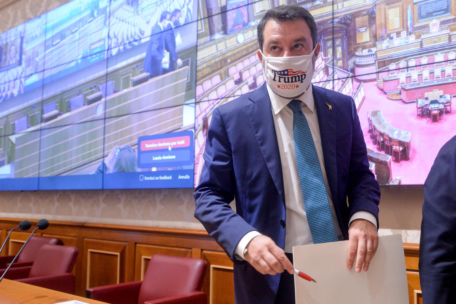 11/3/2020 - Press conference of the Lega "League proposals to really help the Italians" in the photo Matteo Salvini with the pro Trump mask (ROME - 2020-11-03, STEFANO CAROFEI) p.s. la foto e' utilizzabile nel rispetto del contesto in cui e' stata scattata, e senza intento diffamatorio del decoro delle persone rappresentate (Photo by IPA/Sipa USA)No Use UK. No Use Germany.