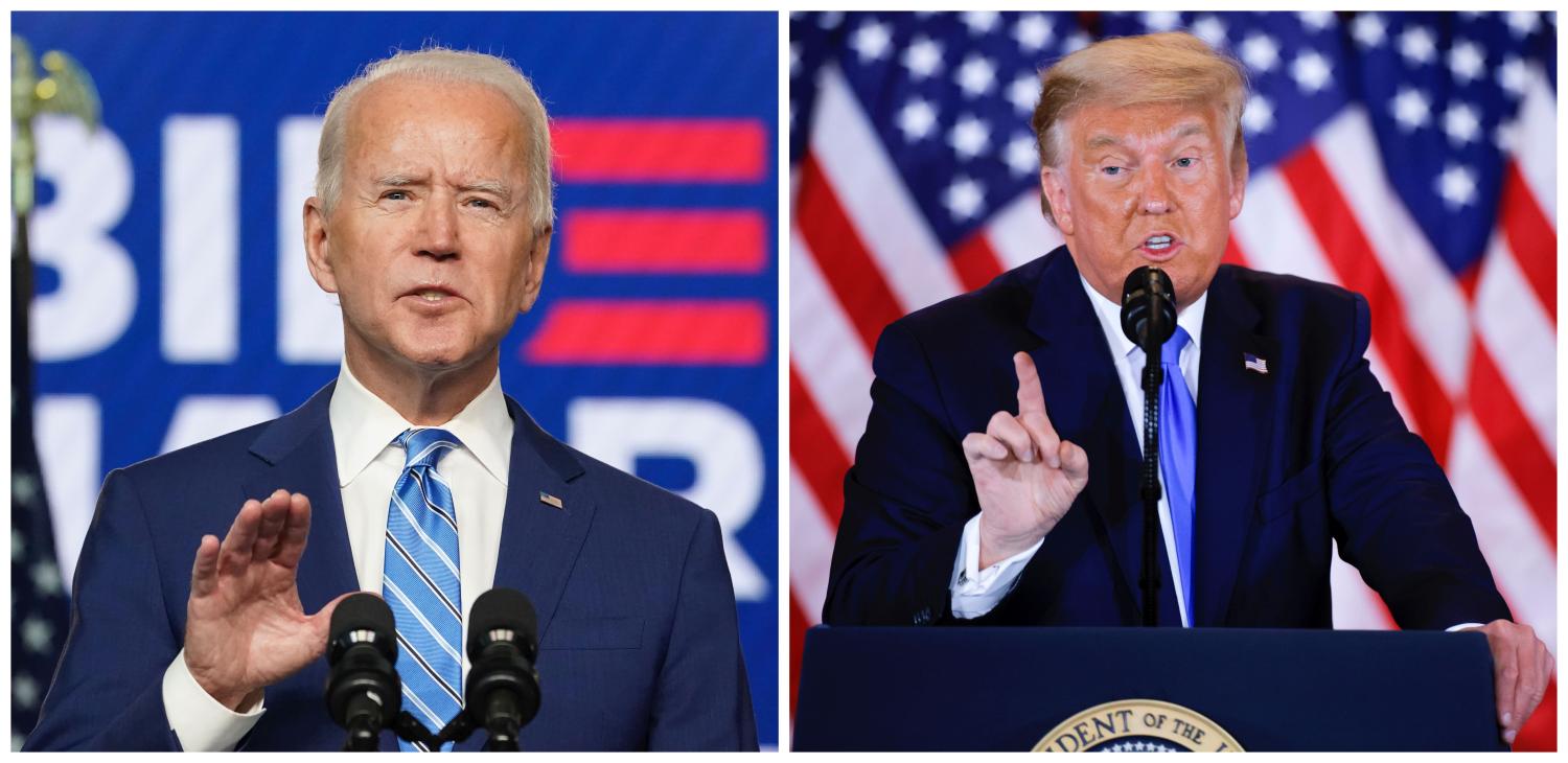 Joe Biden a paru jeudi se rapprocher légèrement de la victoire à l'élection présidentielle aux Etats-Unis, dont l'issue dépend désormais d'une poignée d'Etats dans lesquels les écarts sont extrêmement minces et se resserrent au fur et à mesure du dépouillement, contesté par Donald Trump, qui promet de mener une bataille juridique tous azimuts pour conserver la Maison blanche. /Photos prises le 4 novembre 2020/REUTERS/Kevin Lamarque/Carlos Barria