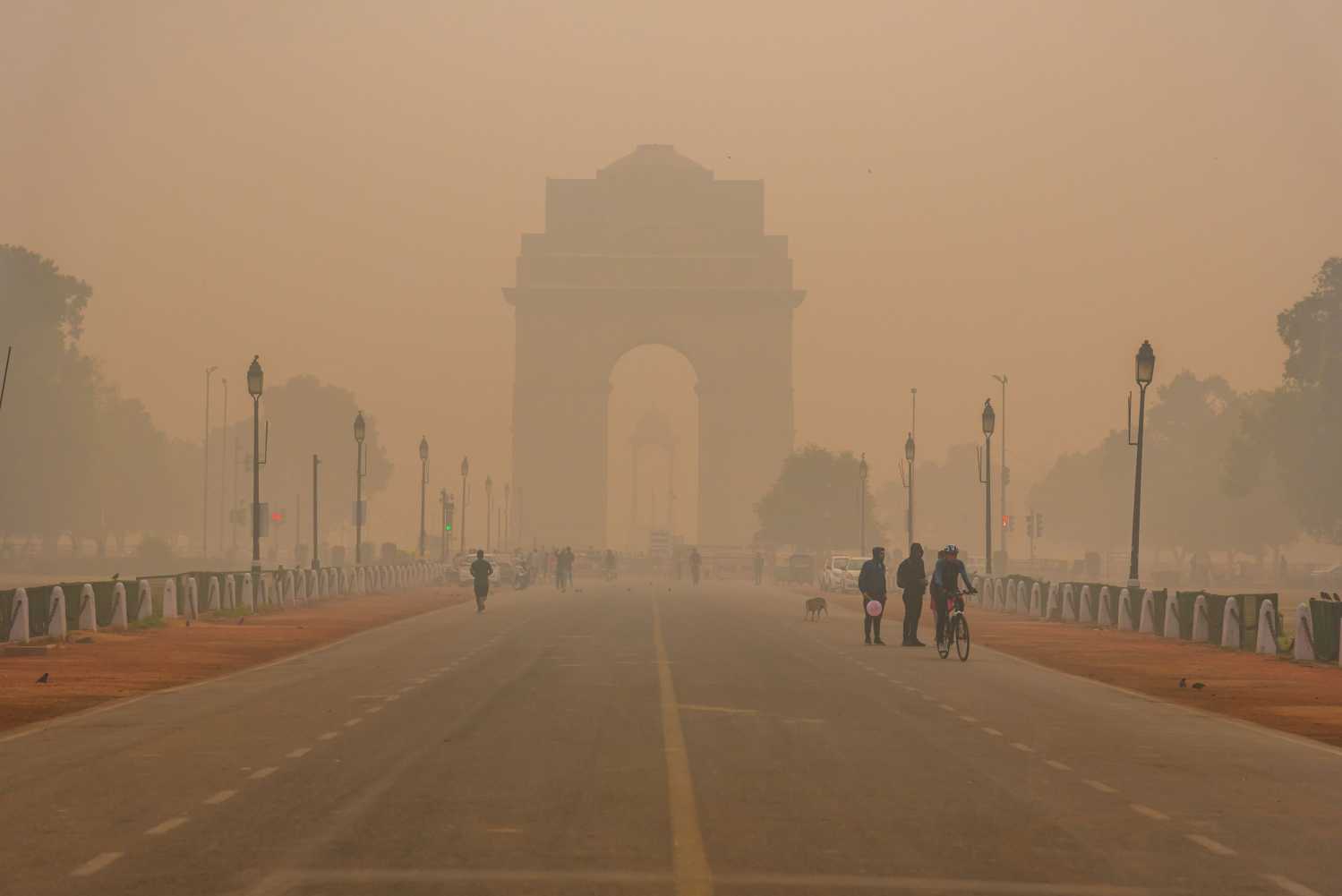 New Delhi,India, November-2019: Silhouette of triumphal arch architectural style India Gate during hazy morning.