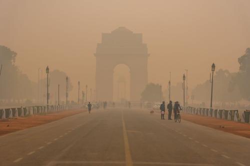 New Delhi,India, November-2019: Silhouette of triumphal arch architectural style India Gate during hazy morning.