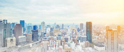 Osaka, Japan skyline at sunrise