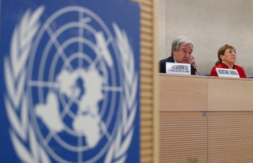 United Nations High Commissioner for Human Rights Michelle Bachelet and United Nations Secretary-General Antonio Guterres attend a session of the Human Rights Council at the United Nations in Geneva, Switzerland, February 24, 2020. REUTERS/Denis Balibouse