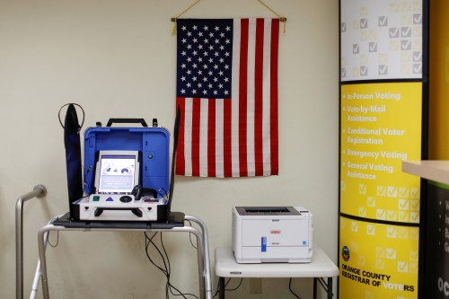 An electronic voting machine that creates a paper ballot to be scanned is shown at an early poling location for the March 3 Super Tuesday primary in Santa Ana  California, U.S., February 24, 2020. Picture taken February 24, 2020.      REUTERS/Mike Blake