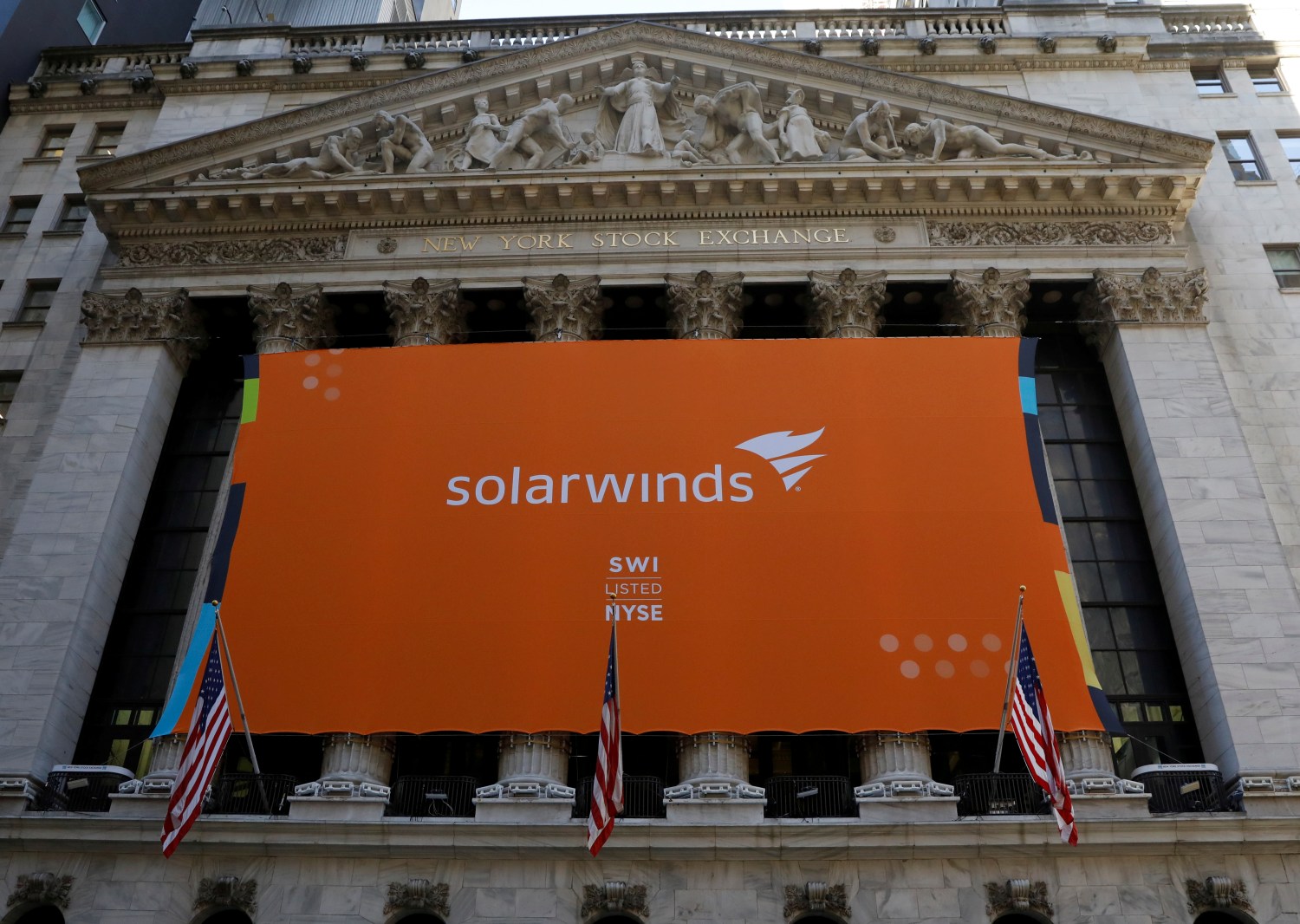 SolarWinds' banner hangs at the New York Stock Exchange