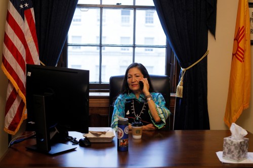 Deb Haaland works in her office at the U.S. Capitol before being sworn in as one of the two first Native American women in the U.S. House of Representatives in Washington, U.S., January 3, 2019. REUTERS/Brian Snyder