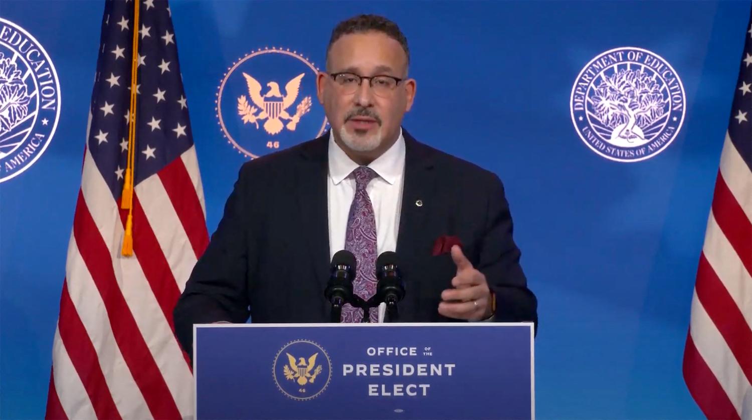 Dr. Miguel Cardona, United States Secretary of Education-designate makes remarks after be introduced by US President-elect Joe Biden delivered remarks at the Queen Theatre in Wilmington, DE, USA, on Tuesday, December 22, 2020. Photo by Biden Transition TV via CNP/ABACAPRESS.COM