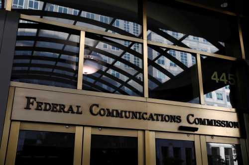 Signage is seen at the headquarters of the Federal Communications Commission in Washington, D.C., U.S., August 29, 2020.