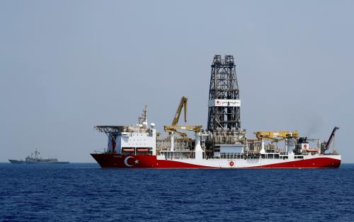 FILE PHOTO: Turkish drilling vessel Yavuz is escorted by Turkish Navy frigate TCG Gemlik (F-492) in the eastern Mediterranean Sea off Cyprus, August 6, 2019. Picture taken August 6, 2019. REUTERS/Murad Sezer/File Photo