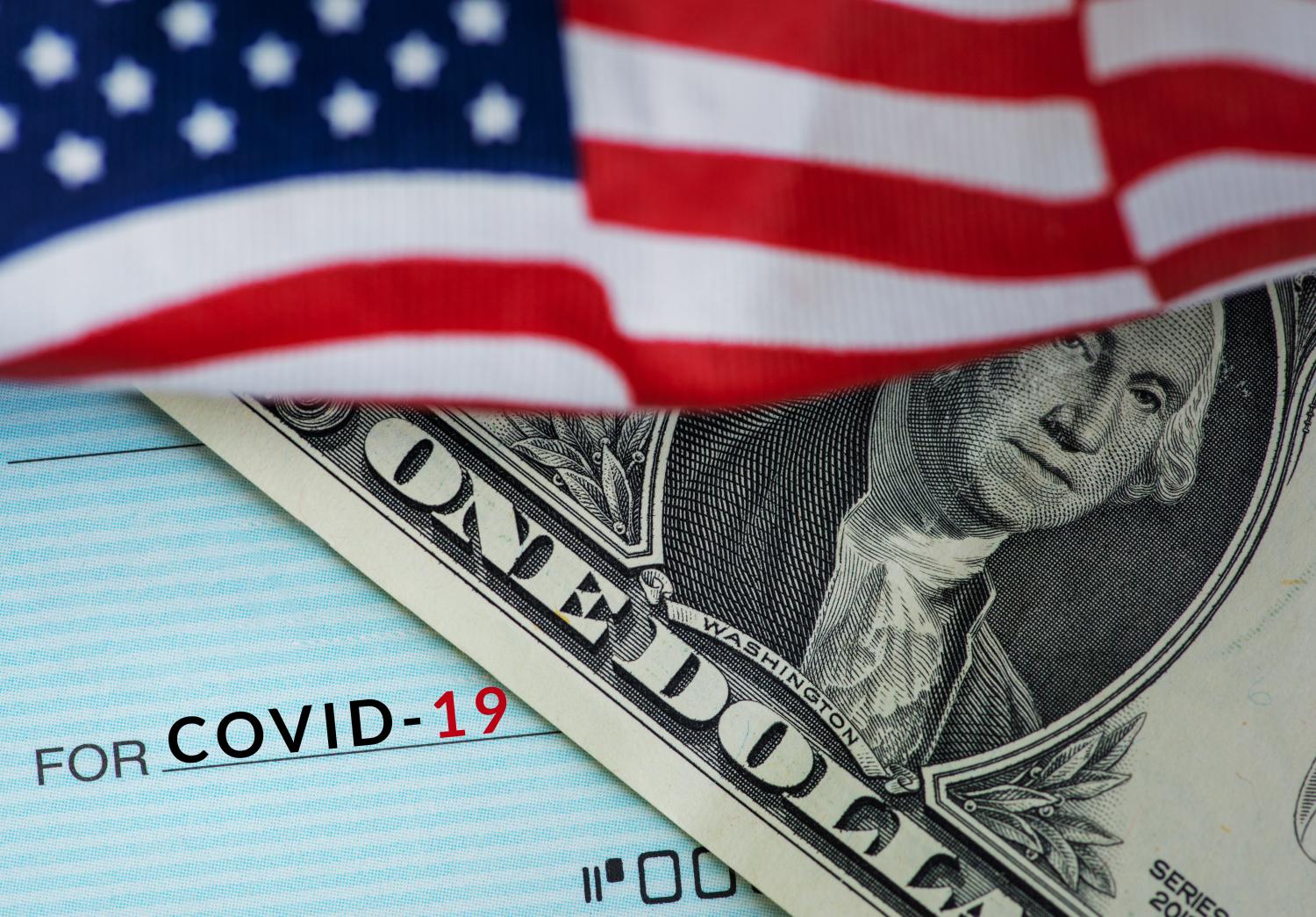 Image: US flag, dollar bill, COVID-19 relief check