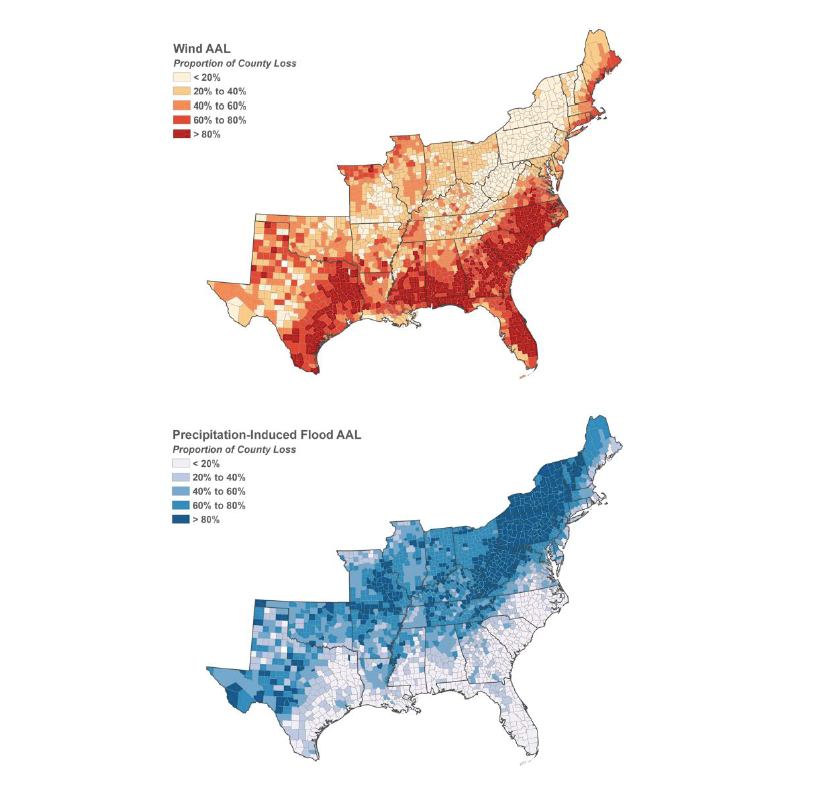 Geographic distribution of projected future hurricane losses from wind (top) and precipitation-induced flooding (bottom)