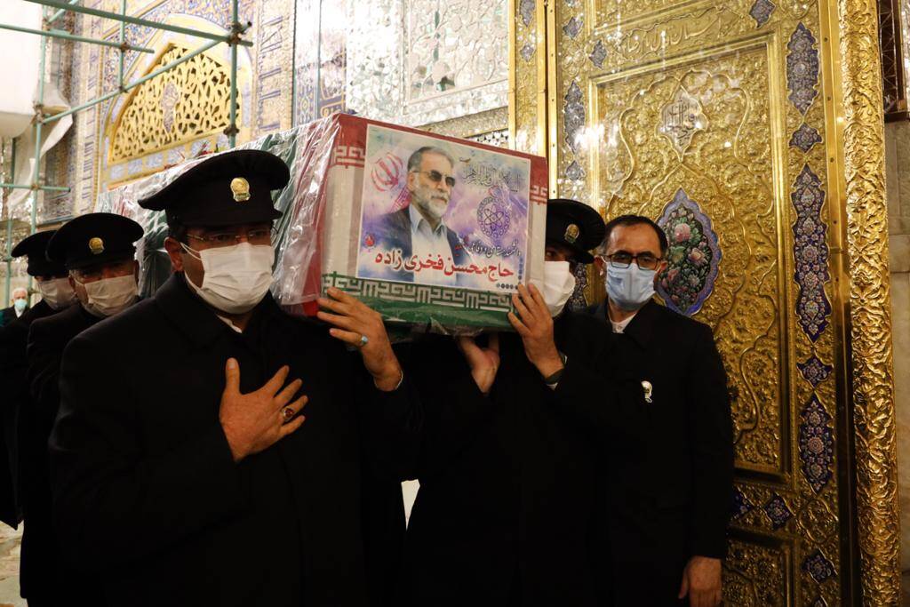 Funeral of assassinated Iranian nuclear scientist November 30, 2020, Mashhad, Razavi Khorasan, Iran: A handout picture provided by the Iranian defense ministry office shows the coffin of slain Iranian nuclear scientist Mohsen Fakhrizadeh is being carried inside the Shrine of Imam Reza, during a funeral ceremony in the city of Mashhad, northeastern Iran, 29 November 2020. With a funeral worthy of the Islamic Republic s greatest martyrs , Tehran paid a final tribute to a scientist killed in an assassination blamed on Israel and promised to continue his work. Fakhrizadeh died on November 27 in a hospital from his wounds after assailants targeted his card and engaged in a gunfight with his bodyguards outside Tehran, according to Iran s defen Poolfoto ZUMAPRESS.com ,EDITORIAL USE ONLYNo Use Switzerland. No Use Germany. No Use Japan. No Use Austria