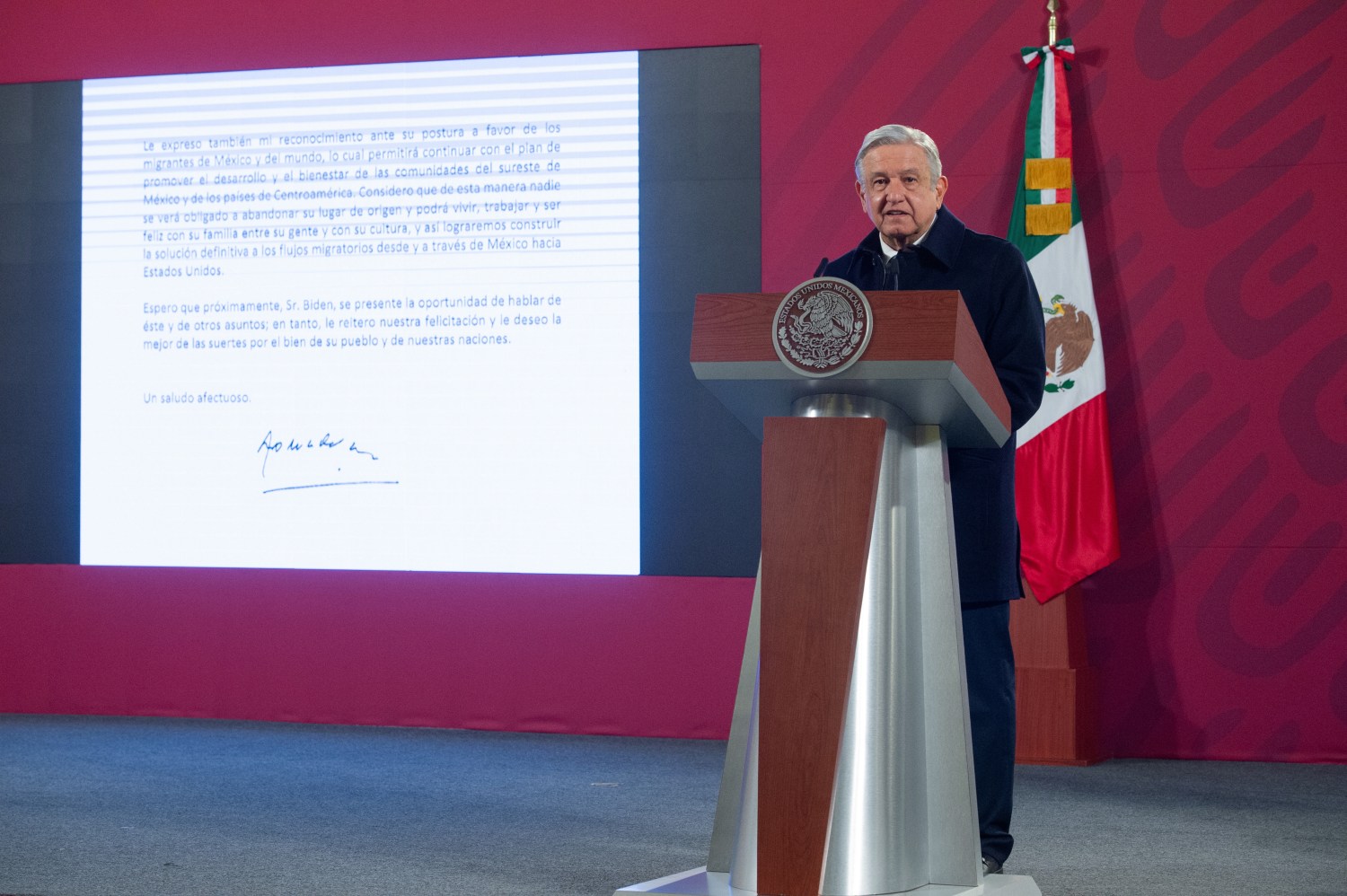 Mexico's President Andres Manuel Lopez Obrador speaks as a screen displays the letter he sent to U.S. President-elect Joe Biden during a news conference at the National Palace, in Mexico City, Mexico December 15, 2020. Mexico's Presidency/Handout via REUTERS ATTENTION EDITORS - THIS IMAGE HAS BEEN SUPPLIED BY A THIRD PARTY. NO RESALES. NO ARCHIVES