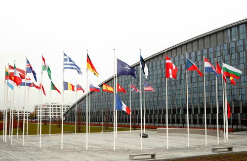 Flags of NATO member countries are seen at the Alliance headquarters in Brussels, Belgium, November 26, 2019.  REUTERS/Francois Lenoir