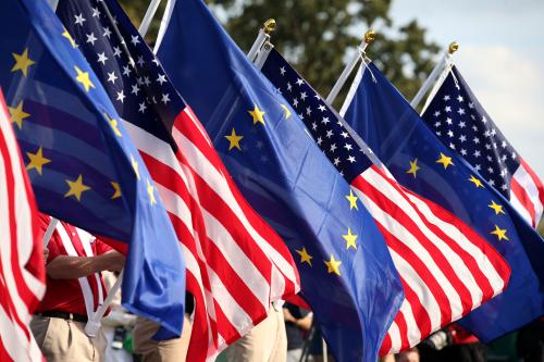 Golf - The 2012 Ryder Cup - The Medinah Country Club, Medinah, Illinois, United States of America - 27/9/12 General view of USA and Europe flags during the opening ceremony Mandatory Credit: Action Images / Paul Childs