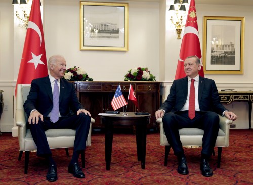 U.S. Vice President Joe Biden (L) attends a bilateral meeting with Turkish President Tayyip Erdogan in Washington March 31, 2016.      REUTERS/Joshua Roberts      TPX IMAGES OF THE DAY