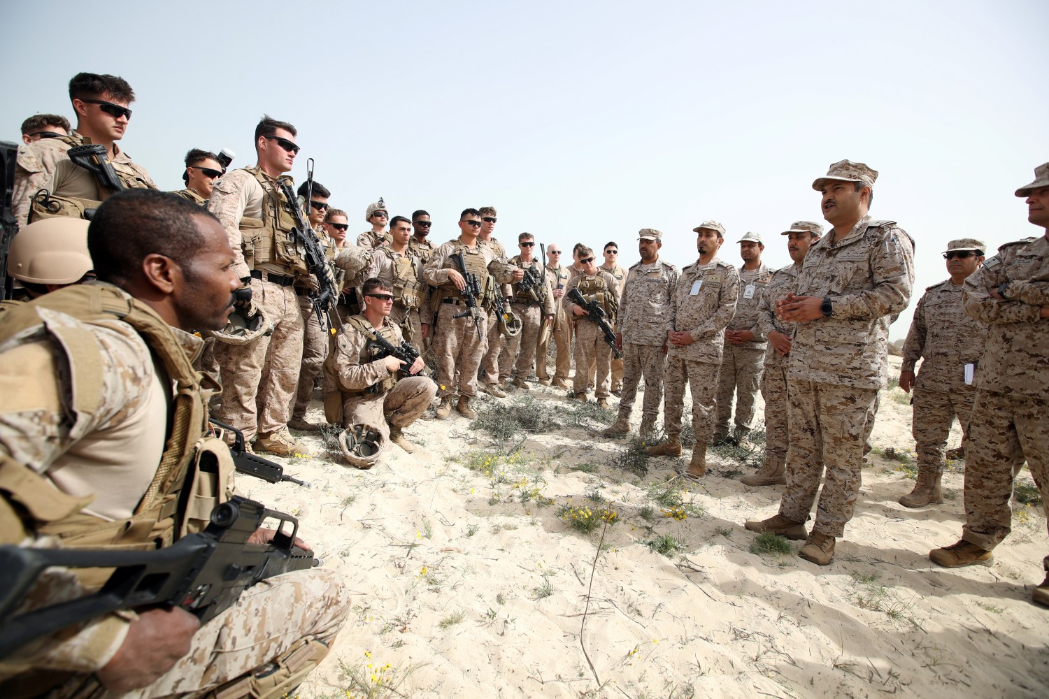 Admiral Ali Saeed Al Shehri speaks with soldiers during mixed maritime exercise with U.S. Navy and Saudi Royal Navy, at Saudi Military Port, Ras Al Ghar, Eastern Province, in Jubail, Saudi Arabia February 26, 2020. REUTERS/Hamad I Mohammed