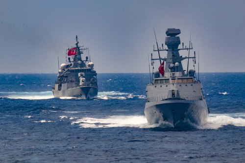 Hand Out photo dated Auguts 26, 2020 of the Arleigh Burke-class guided-missile destroyer USS Winston S. Churchill (DDG 81), not pictured, executes a passing exercise with Turkish Navy frigates TCG Barbaros (FF 244) and Burgazada (F 513) in the Mediterranean Sea. Tension is simmering in the waters of the Eastern Mediterranean as Greece and Turkey, NATO allies but historic rivals, inch toward a possible military confrontation that could end up engulfing the region. Naval vessels from both countries made a show of force in the contested region of the Eastern Mediterranean this week as a race for gas and oil reserves adds a new point of friction to old disputes. U.S. Navy photo by Mass Communication Specialist 3rd Class Louis Thompson Staats IV via ABACAPRESS.COM