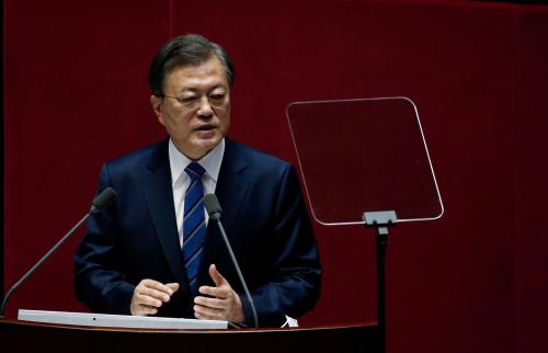 FILE PHOTO: South Korean President Moon Jae-in speaks at the National Assembly in Seoul, South Korea, October 28, 2020. Jeon Heon-Kyun/Pool via REUTERS