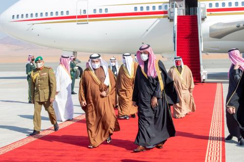 Saudi Arabia's Crown Prince Mohammed bin Salman welcomes Bahraini King Hamad bin Isa al-Khalifa upon his arrival to attend the Gulf Cooperation Council's (GCC) 41st Summit in Al-Ula, Saudi Arabia January 5, 2021. Bandar Algaloud/Courtesy of Saudi Royal Court/Handout via REUTERS ATTENTION EDITORS - THIS PICTURE WAS PROVIDED BY A THIRD PARTY