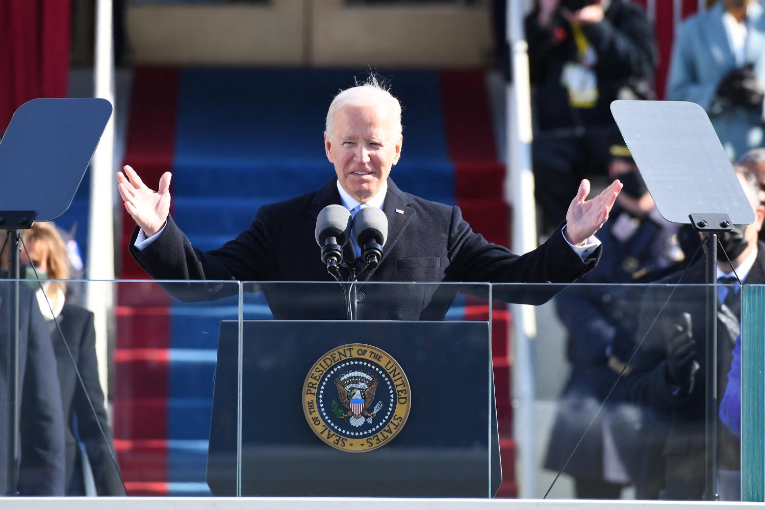 Jan 20, 2021; Washington, DC, USA; President Joe Biden waves to the crowd after being sworn in during the 2021 Presidential Inauguration of President Joe Biden and Vice President Kamala Harris at the U.S. Capitol. Photo by Robert Deutsch/Pool/ABACAPRESS.COM