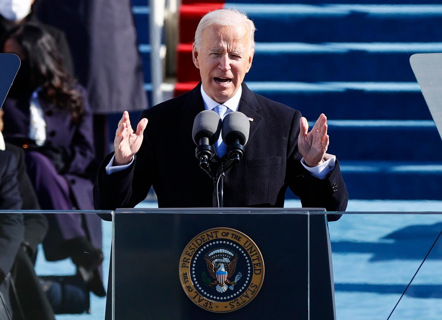 U.S. President Joe Biden delivers his speech after he was sworn in as the 46th President of the United States on the West Front of the U.S. Capitol in Washington, U.S., January 20, 2021. REUTERS/Jim Bourg