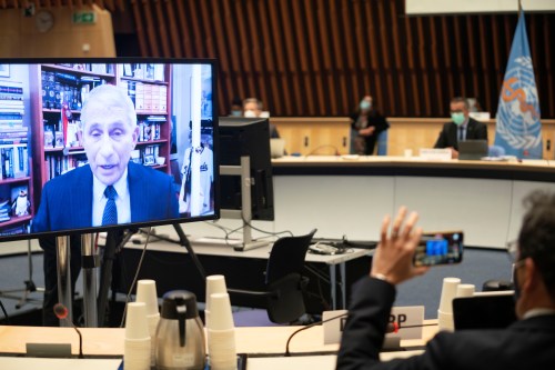 Dr. Anthony Fauci, director of the National Institute of Allergy and Infectious Diseases speaks via video link during the 148th session of the Executive Board on the coronavirus disease (COVID-19) outbreak in Geneva, Switzerland, January 21, 2021.  Christopher Black/WHO/Handout via REUTERS