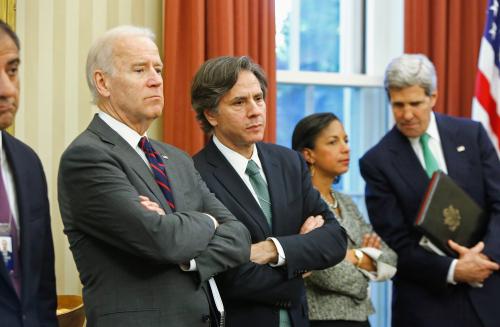 (L-R) U.S. Vice President Joe Biden, Deputy National Security Advisor Tony Blinken, National Security Advisor Susan Rice and Secretary of State John Kerry listen as President Barack Obama and Iraqi Prime Minister Nuri al-Maliki address reporters after their meeting in the Oval Office at the White House in Washington, November 1, 2013. Obama told visiting Al-Maliki on Friday that the United States wants an inclusive, prosperous Iraq free of violence.     REUTERS/Jonathan Ernst    (UNITED STATES - Tags: POLITICS)