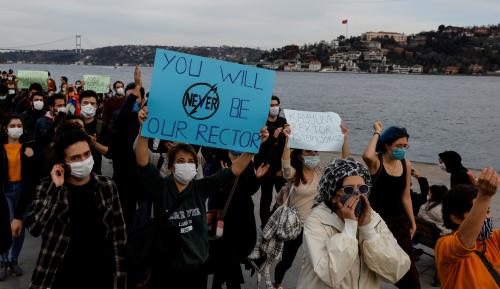 Students of Bogazici University protest against President Tayyip Erdogan's appointment of a new rector, in Istanbul, Turkey January 6, 2021. REUTERS/Umit Bektas