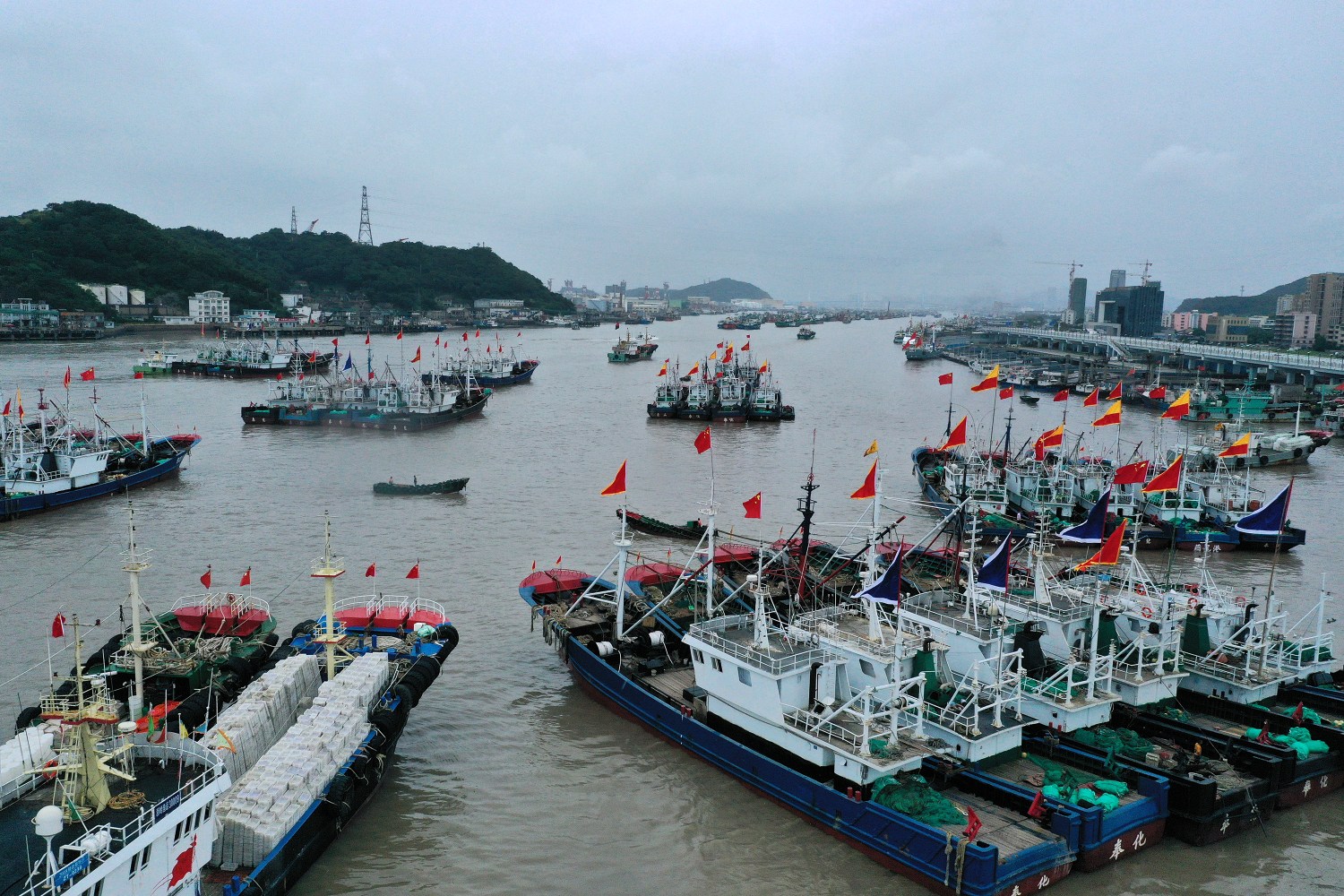 Various fishing boats arrayed at a harbor prepare for the new fishing season of 2020 which will start in two days, Zhoushan city, east China's Zhejiang province, 14 September 2020.   fachaoshiNo Use China. No Use France.