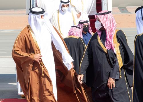 Saudi Arabia's Crown Prince Mohammed bin Salman welcomes Qatar's Emir Sheikh Tamim bin Hamad al-Thani upon his arrival to attend the Gulf Cooperation Council's (GCC) 41st Summit in Al-Ula, Saudi Arabia January 5, 2021. Bandar Algaloud/Courtesy of Saudi Royal Court/Handout via REUTERS ATTENTION EDITORS - THIS PICTURE WAS PROVIDED BY A THIRD PARTY