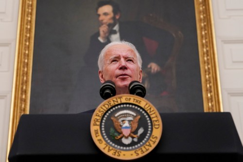 U.S. President Joe Biden speaks during an event on his administration's Covid-19 response in the State Dining Room of the White House in Washington, D.C., U.S., on Thursday, Jan. 21, 2021. Biden in his first full day in office plans to issue a sweeping set of executive orders to tackle the raging Covid-19 pandemic that will rapidly reverse or refashion many of his predecessor's most heavily criticized policies. Photographer: Al Drago/Pool/Sipa USA No Use Germany.