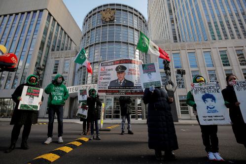 People protest outside the Brooklyn Federal Courthouse over the decision to drop drug charges against Mexico's former defense Minister General Salvador Cienfuegos, in Brooklyn, New York, U.S., November 18, 2020.  REUTERS/Brendan McDermid