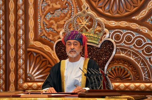 FILE PHOTO: Sultan Haitham bin Tariq al-Said gives a speech after being sworn in before the royal family council in Muscat, Oman January 11, 2020.  REUTERS/Sultan Al Hasani/File Photo