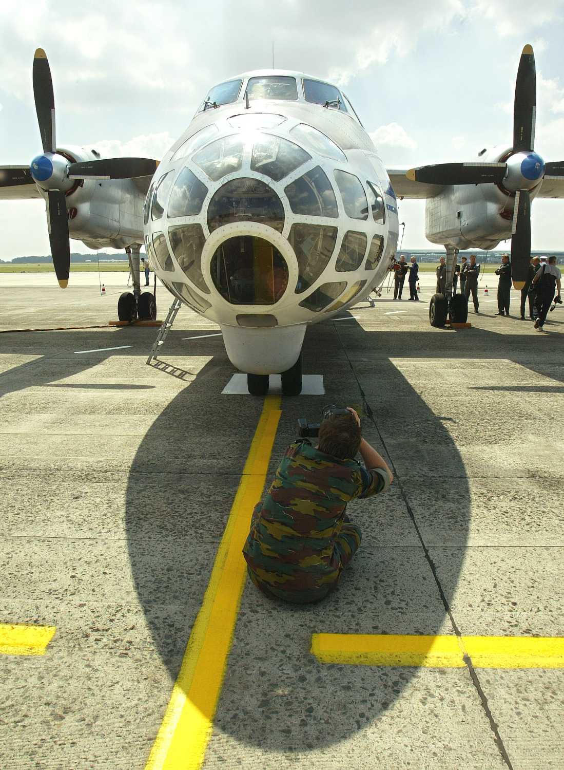 A Russian Antonov-30B airplane, a twin-engine turboprop aircraft,designed for aerial photography is parked on the tarmac at a militaryairport in Melsbroek August 13, 2002. A Russian military missionarrived in Belgium for a two-day series of observation overflights inaccordance with the "Open Skies Treaty" signed in 1992 by member statesof NATO and the former Warsaw Pact. REUTERS/Francois LenoirHRM/