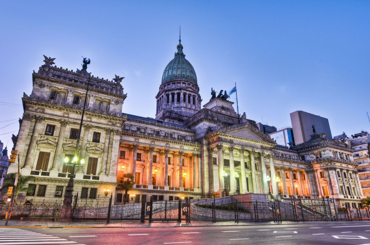 Argentina National Congress building facade on sunset.