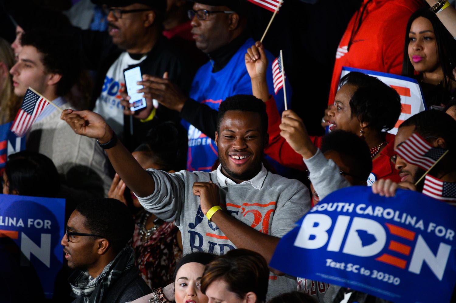Supporters of democratic presidential candidate Joe Biden cheer during a rally in Columbia after his victory in the South Carolina primary Saturday, Feb. 29, 2020.Jm Biden 022920 046