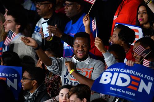 Supporters of democratic presidential candidate Joe Biden cheer during a rally in Columbia after his victory in the South Carolina primary Saturday, Feb. 29, 2020.Jm Biden 022920 046