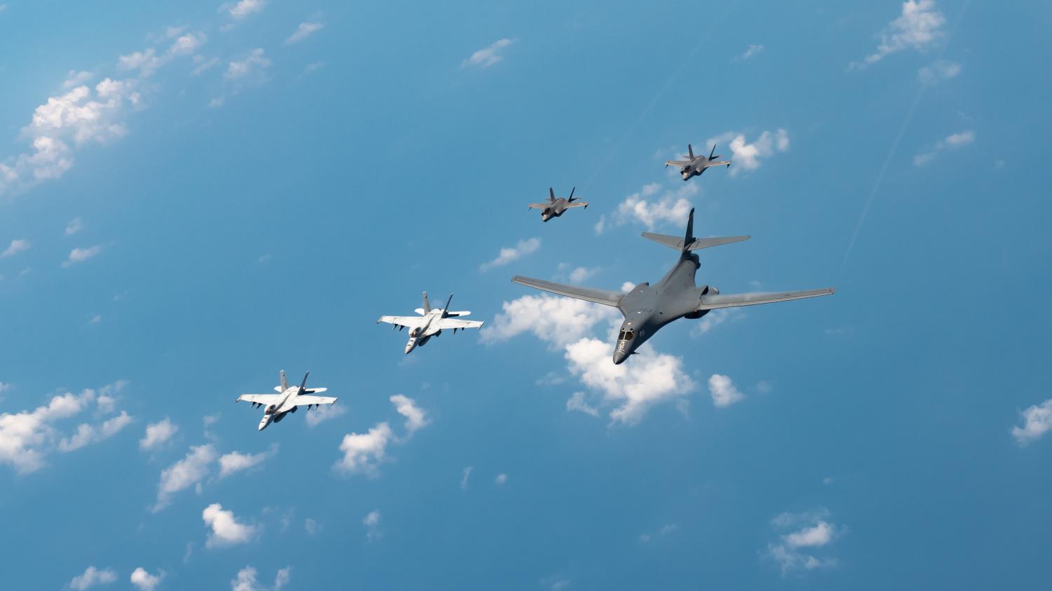 U.S. Navy Carrier Air Wing five F/A-18 Super Hornets, Marine Corps Marine Fighter Attack Squadron 121 F-35 Lightning IIs, all assigned to Marine Corps Air Station Iwakuni, Japan, and a U.S. Air Force 37th Bomb Squadron B-1B Lancer assigned to Ellsworth Air Force Base, S.D., conduct a large-scale joint and bilateral integration training exercise Aug. 18, 2020. Four B-1B Lancers, two B-2 Spirit Stealth Bombers, and four F-15C Eagles conducted Bomber Task Force missions simultaneously within the Indo-Pacific region over the course of 24 hours. Pacific Air Forces routinely conducts BTF operations to show the United States’ commitment to allies and partners in the Indo-Pacific area of responsibility.Where: Kadena Air Base, Okinawa, JapanWhen: 18 Aug 2020Credit: USAF/Cover Images**Editorial use only**