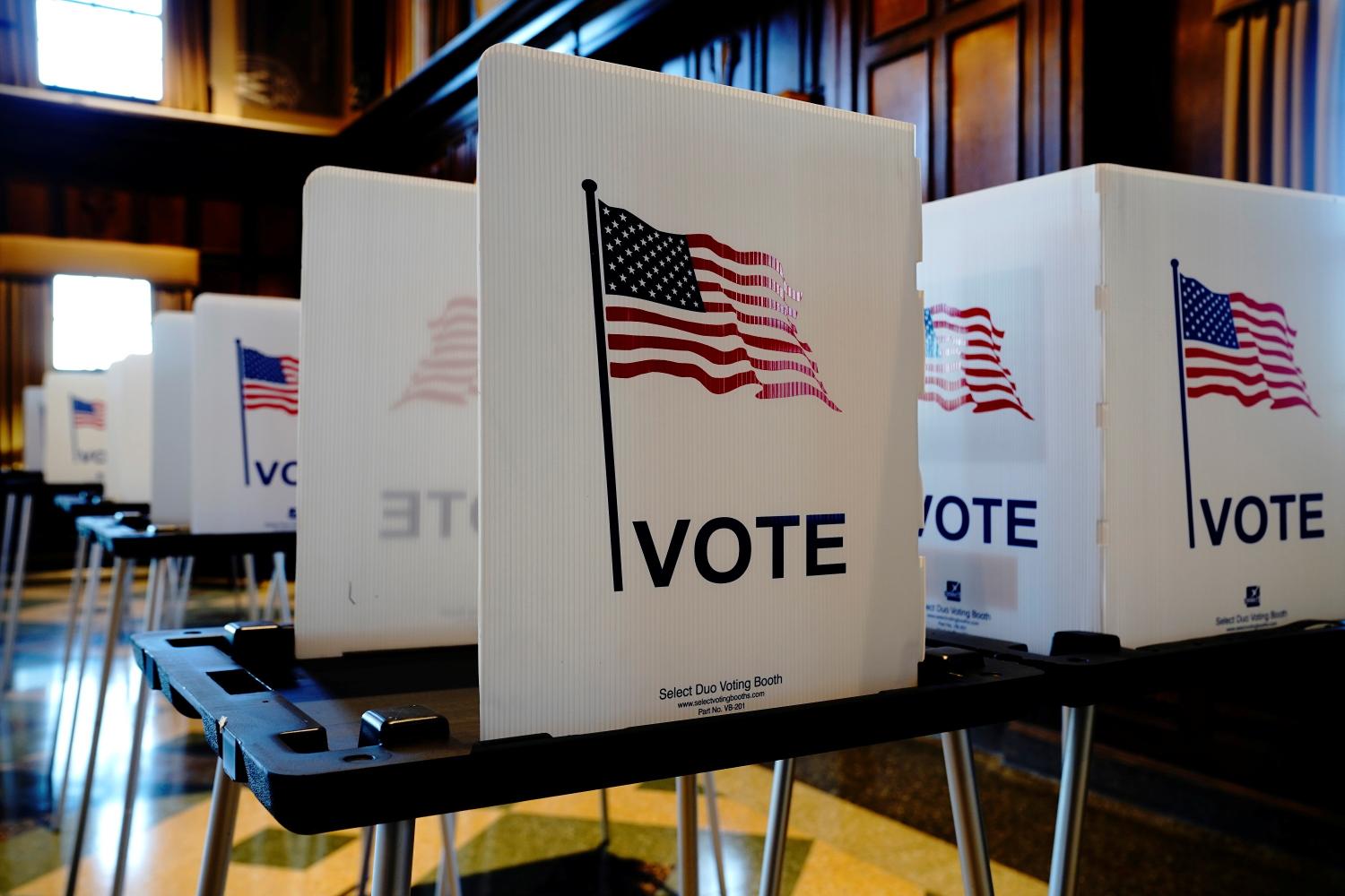 Unused privacy booths are seen at a voting site in Tripp Commons inside the Memorial Union building on the University of Wisconsin-Madison campus on Election Day in Madison, Dane County, Wisconsin, U.S. November 3, 2020. REUTERS/Bing Guan