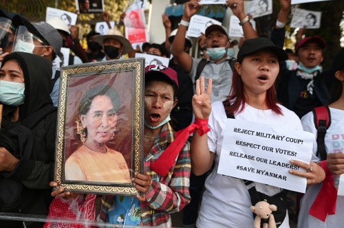 People rally against the military coup and to demand the release of elected leader Aung San Suu Kyi, in Yangon, Myanmar, February 9, 2021. REUTERS/Stringer
