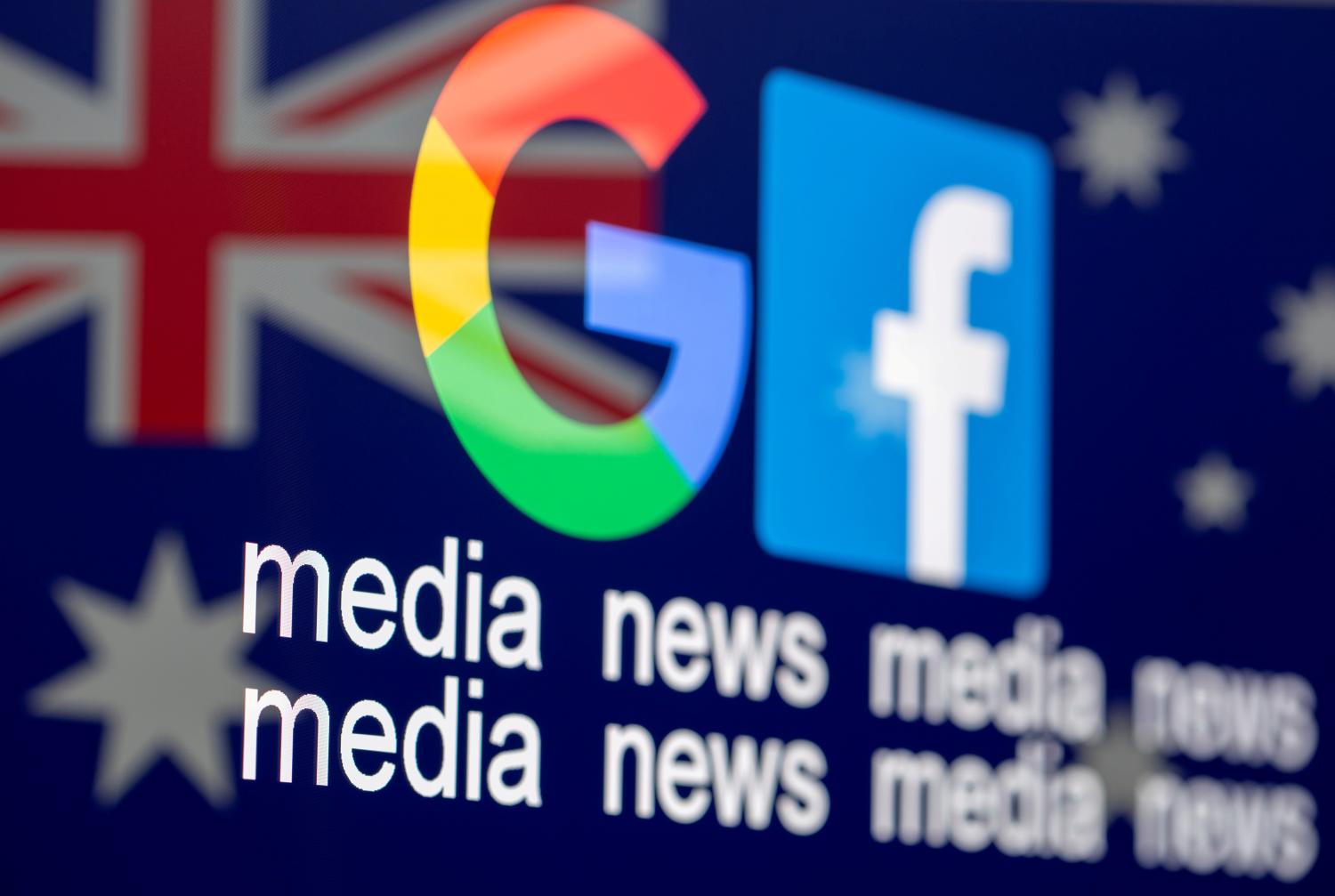 The Google and Facebook logos are displayed over the flag of Australia along with the words "media news."